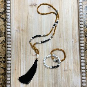 Wooden and stone beaded necklace and bracelets